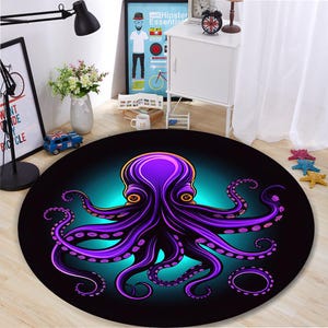 Tapis pieuvre, tapis rond pieuvre, tapis rond, tapis pieuvre coloré, tapis déco pieuvre, tapis pieuvre coloré, motif pieuvre, tapis déco animal