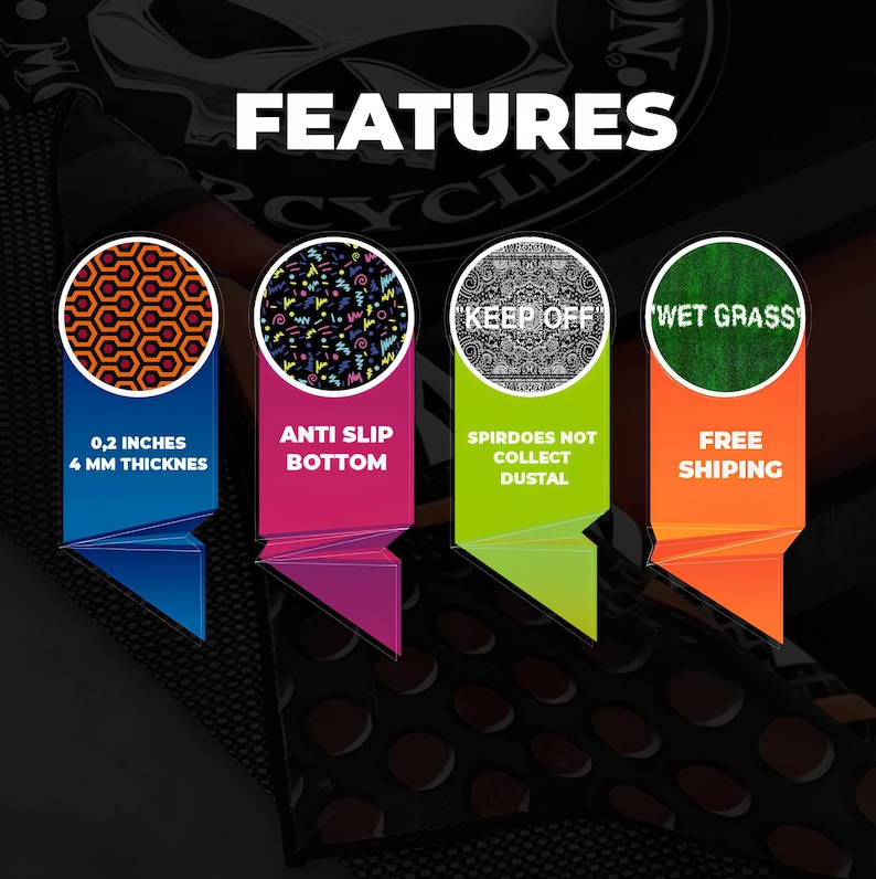 May include: A black and white graphic of a bicycle with the text "MC Cycling" above it. The image shows four features of the product: 0.2 inches, 4 mm thickness, anti-slip bottom, spirdoes not collect dustal, and free shipping. The image also shows four different patterns: a honeycomb pattern, a 90s pattern, a "keep off" pattern, and a "wet grass" pattern.