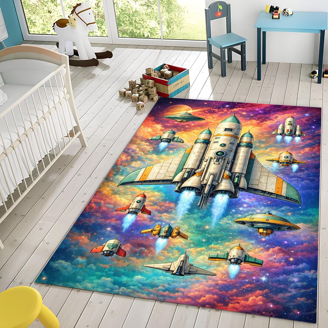 Colorful Space Rocket Rug, Kids Galaxy Spaceship Design, Sci Fi ...