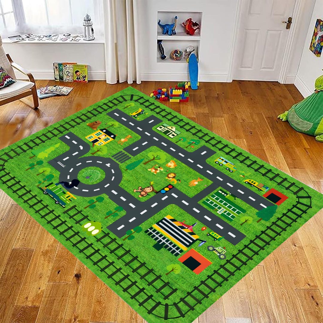 Kids City Road Play Rug, Toy Car Traffic Mat, Children Playroom Carpet ...