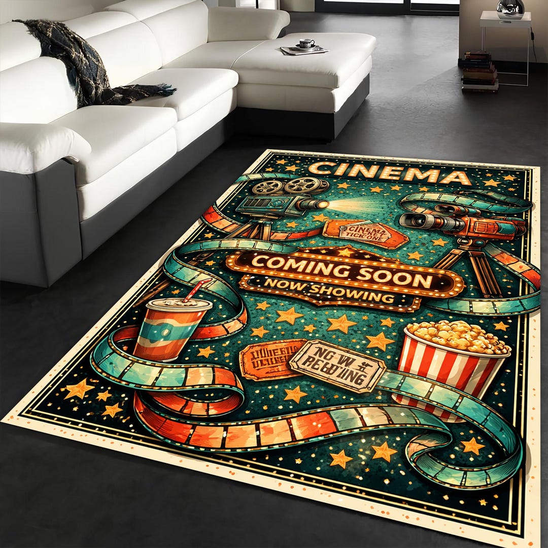 Popcorn Math Runner Rugs Cinema Movie Night Rug, Vintage Film Theater Decor, Popcorn Hollywood ...