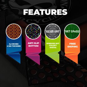 May include: Four colorful rectangular panels with different patterns and text. The panels are arranged horizontally. The first panel is blue with a honeycomb pattern and the text "0.2 inches 4 mm thicknes". The second panel is pink with a geometric pattern and the text "Anti Slip Bottom". The third panel is green with a floral pattern and the text "Keep Off Spirdoes Not Collect Dustal". The fourth panel is orange with a grass pattern and the text "Wet Grass Free Shiping".