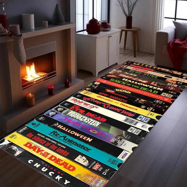 Nostalgic Retro Style Rug,Runner Rug,Vhs Case Themed Horror Rug,Movie Room Rug ,Home Theater TV Room,Long Rug,Entry Rug,Hallway Runner Rug