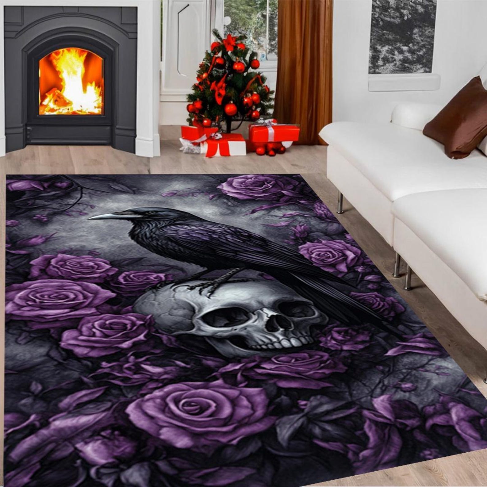 Skull & Crow Rug: Purple Roses, Spooky Home Decor - Etsy
