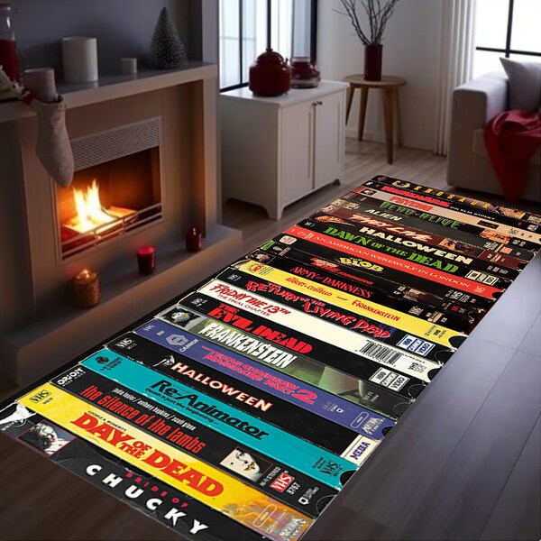 Nostalgic Retro Style Rug,Runner Rug,Vhs Case Themed Horror Rug,Movie Room Rug ,Home Theater TV Room,Long Rug,Entry Rug,Hallway Runner Rug