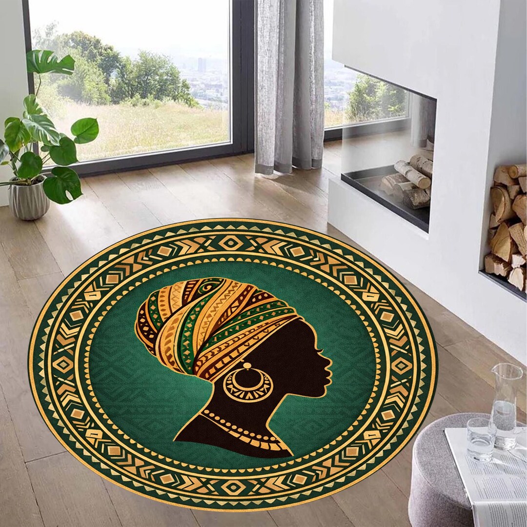 African Woman Silhouette Rug, Tribal Round Rug, Afro Culture Decor ...