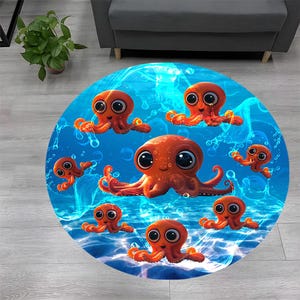 Tapis rond pieuvre, tapis pieuvre, tapis rond, tapis pieuvre coloré, tapis déco pieuvre, tapis pieuvre coloré, motif pieuvre, tapis déco animal