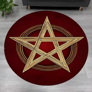 Tappeto rotondo Pentagram: design a stella gotica, effetto legno