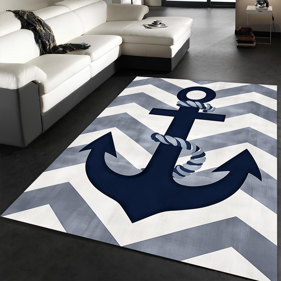 Navy Anchor Rug: Modern Nautical Stripes, Kids Room Decor - Etsy