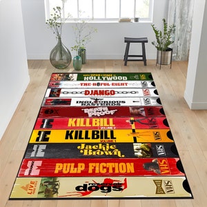 Nostalgisch tapijt in retrostijl, tapijt met horrorfilmthema, horrorfilmtapijt, filmkleed, filmkleed, nostalgisch vhs-tapijt, tapijt in bioscoop, horrortapijt, tapijt in bioscoop