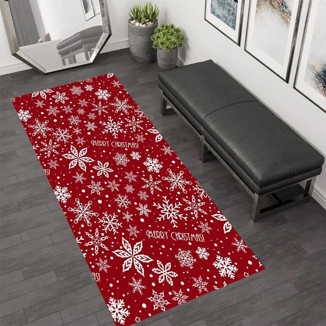 FRAMICS Weihnachtsläufer Teppich – Winter-Schneeflocken Design, Rotes Büffelkaro, 50x152 Cm, Rutschfeste Gummiunterseite, Waschbar
