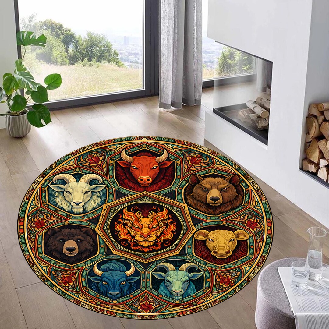 Zodiac Sign Rug Chinese Zodiac Animals Mandala Rug, Oriental Asian Mythology Round Area ...