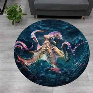 Tapis pieuvre, tapis rond pieuvre, tapis rond, tapis pieuvre coloré, tapis déco pieuvre, tapis pieuvre coloré, motif pieuvre, tapis déco animal