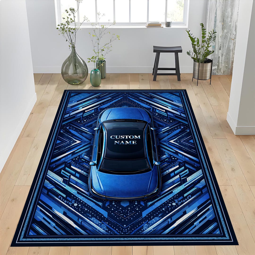 Personalized Sports Car Rug, Modern Blue Automotive Decor - Etsy