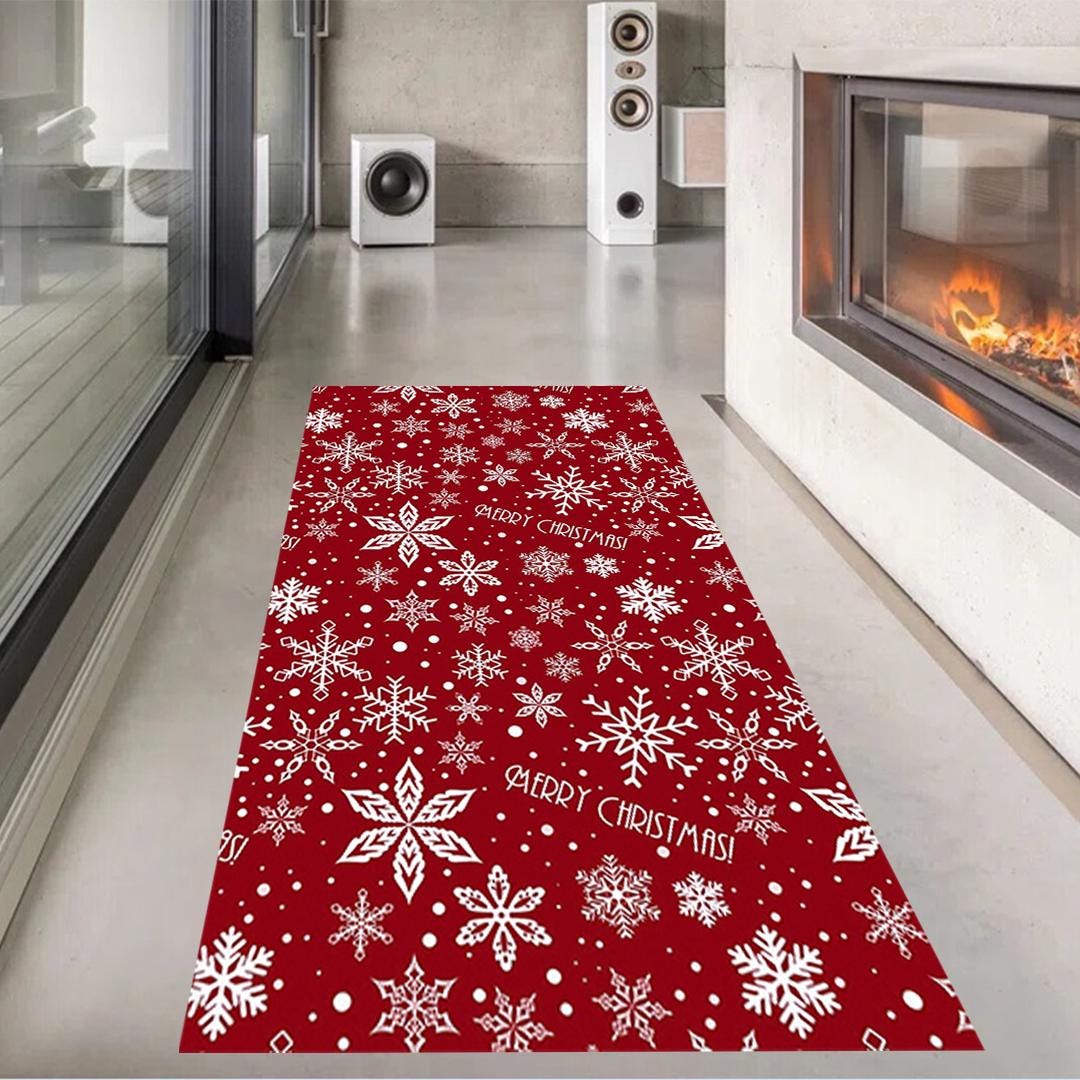FRAMICS Weihnachtsläufer Teppich – Winter-Schneeflocken Design, Rotes Büffelkaro, 50x152 Cm, Rutschfeste Gummiunterseite, Waschbar