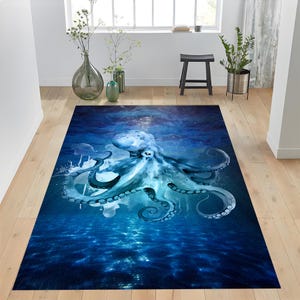 Tapis bleu pieuvre, motif pieuvre, tapis à motif pieuvre, tapis pieuvre, tapis décoratif pieuvre, tapis animaux, tapis décoratif animaux, carpette, tapis de mer, tapis d&#39;océan