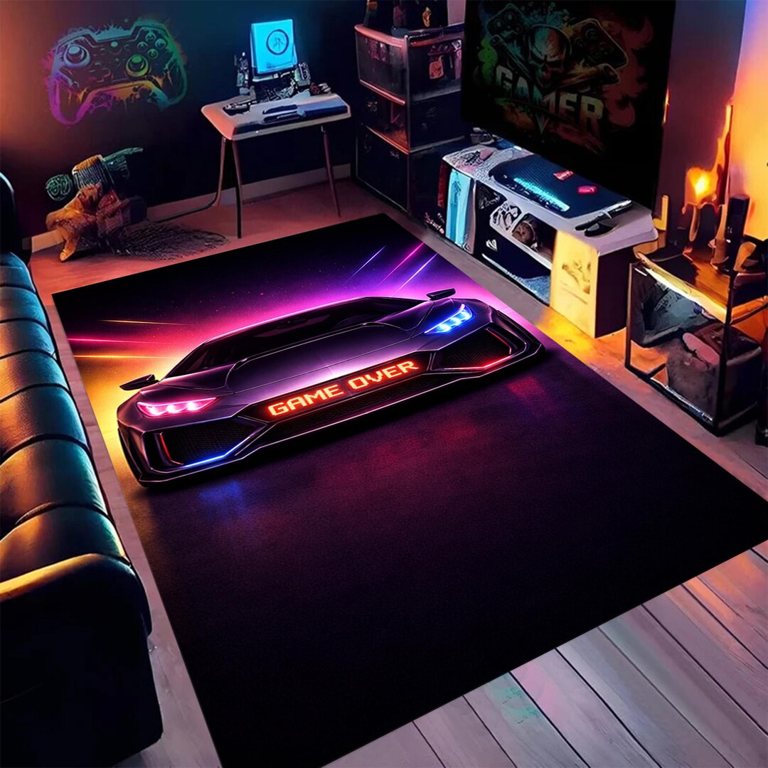 Neon Sports Car Gamer Rug, Cyberpunk Racing Room Decor, Futuristic Game ...