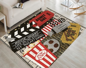 Cinema Rug,Film Pattern Rug,Vintage Home Theater Film Maker,Home Decor,Movie Room Decor for Living Room,Salon Rug,Theater PopArt,Popular Rug