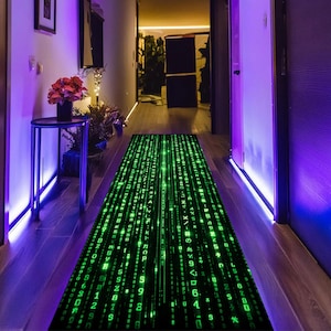 Cyberpunk Matrix Rug, Green Code Runner Rug, Futuristic Digital Rug, Hacker Style Neon Rug, Gaming Room Sci Fi Rug
