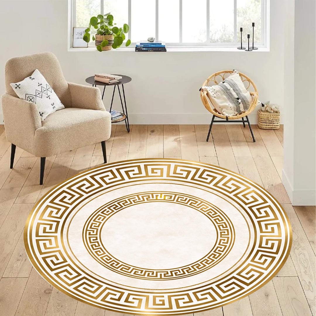 Greek Key Gold Rug Round Greek Key Rug, Gold Meander Classic Style, Elegant Luxury ...