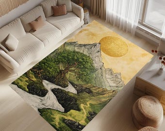 Mountain Landscape Rug: Modern River & Sun Design