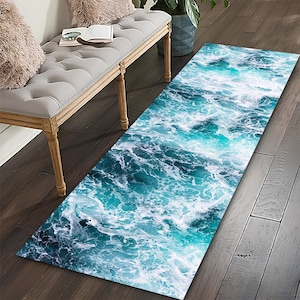 Ocean Wave Runner Rug: Nautical Decor, Non-Slip Cotton Base