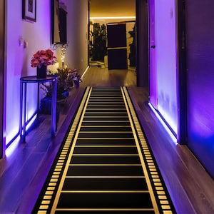 May include: A black hallway runner rug with horizontal gold stripes. The rug is centered in a hallway with wooden floors and purple accent lighting. A small table with flowers is visible on the left.