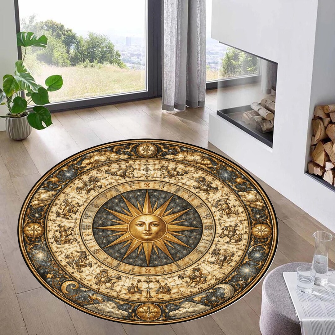 Astrological Rug Vintage Zodiac Sun Round Rug, Astrology Wheel, Celestial Star Sign ...