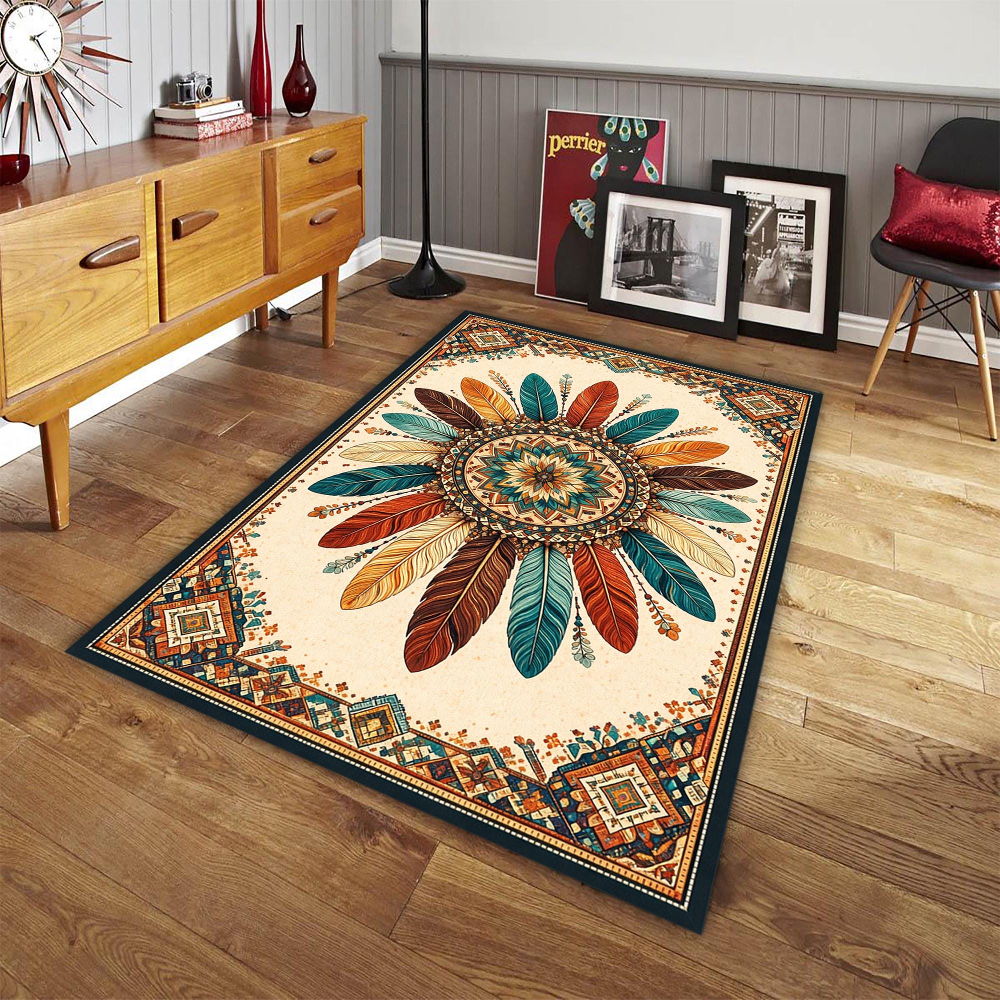 Feather Mandala Area Rug, Southwestern Aztec Tribal Design, Bohemian ...