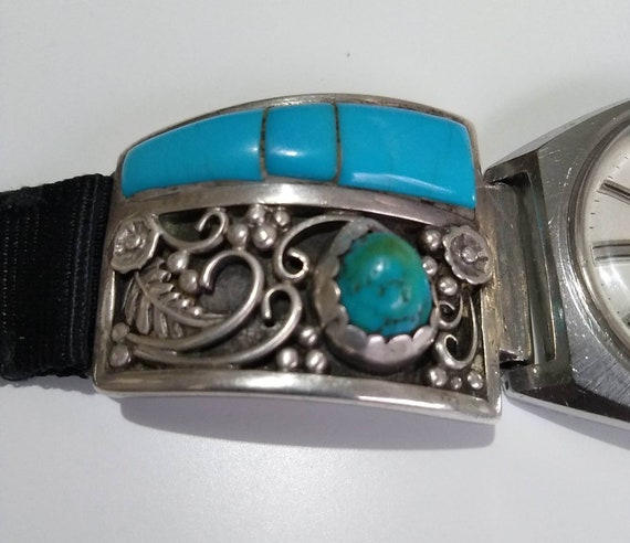 Vintage Navajo Sterling Silver Turquoise Inlay Wa… - image 8
