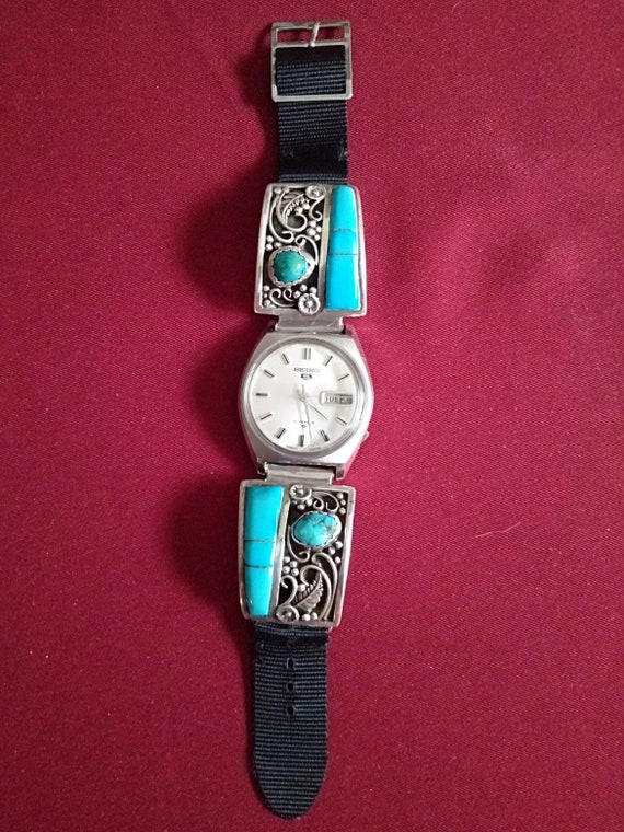 Vintage Navajo Sterling Silver Turquoise Inlay Wa… - image 2