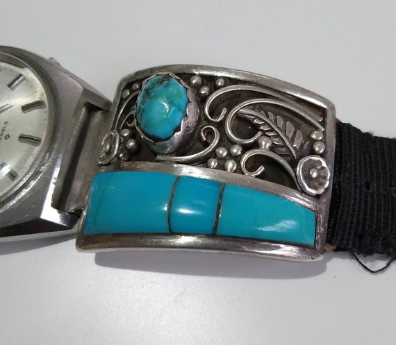 Vintage Navajo Sterling Silver Turquoise Inlay Wa… - image 7