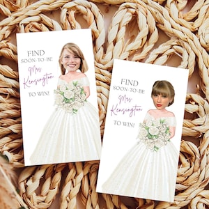 May include: Two white cards with a cartoon bride in a white wedding dress holding a bouquet of white flowers. The text on the cards reads "Find Soon-to-be Mrs. Kensington to win!"