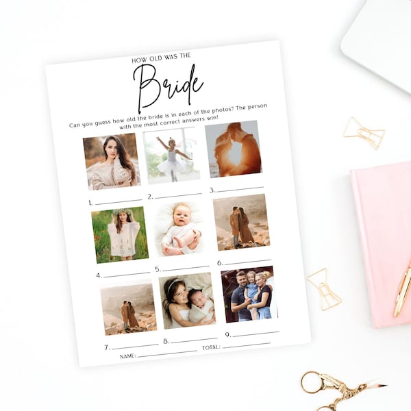 How old was the Bride | Guess the age | Modern Bridal Shower| Minimalist Bridal Shower Game | Bachelorette shower Game | Editable | GA142