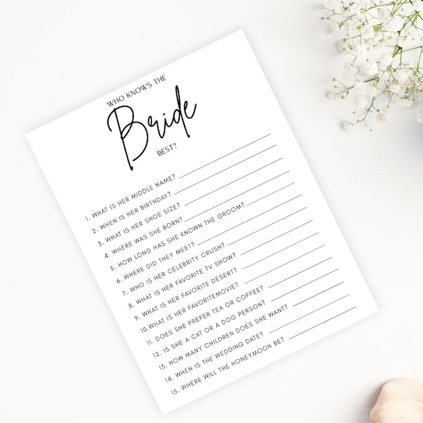 Who Knows the Bride Best | Modern Bridal Shower| Minimalist Bridal Shower Game | Bachelorette shower Game | Editable Template| GA142