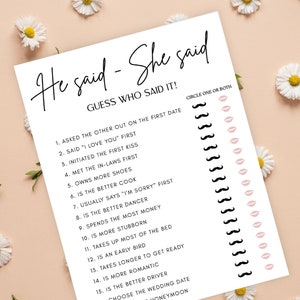 Carte de jeu imprimable Il a dit qu'elle a dit, Devinez qui a dit script du jeu de la mariée ou du marié, jeu de douche nuptiale de mariage, téléchargement immédiat GA142