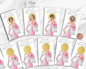 Pode incluir: Nove cartões rosa e branco com um círculo dourado no centro. Cada cartão tem o texto "Quem tem a MOM-TO-BE?" impresso nele. Um cartão tem o texto "Mãe vencedora" impresso nele.
