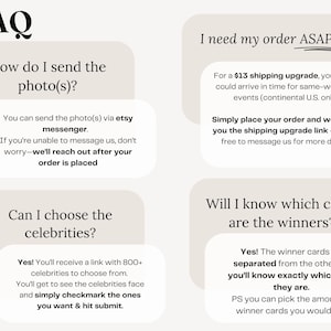 FAQ for Who has the groom bridal shower scratch off game. Explains how to send photos, upgrade shipping, select 800+ celebrities, and identify winner cards. Custom groom scratch off game makes funny and unique bridal shower games for entertaining guests.