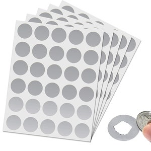 Silver 1″ Round Scratch Off Stickers Labels Sheet of 5 DIY Games Invitations Gender Reveal Pregnancy Announcements Business Promotions AD746