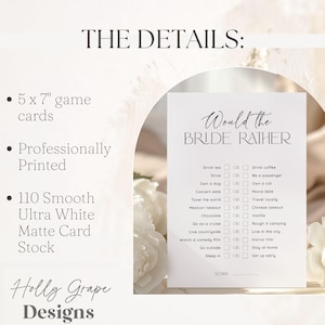 May include: A white card with the text "Would the Bride Rather" in black. The card features a list of 10 questions with two choices each, such as "Drink tea or Drink coffee" and "Own a dog or Own a cat".
