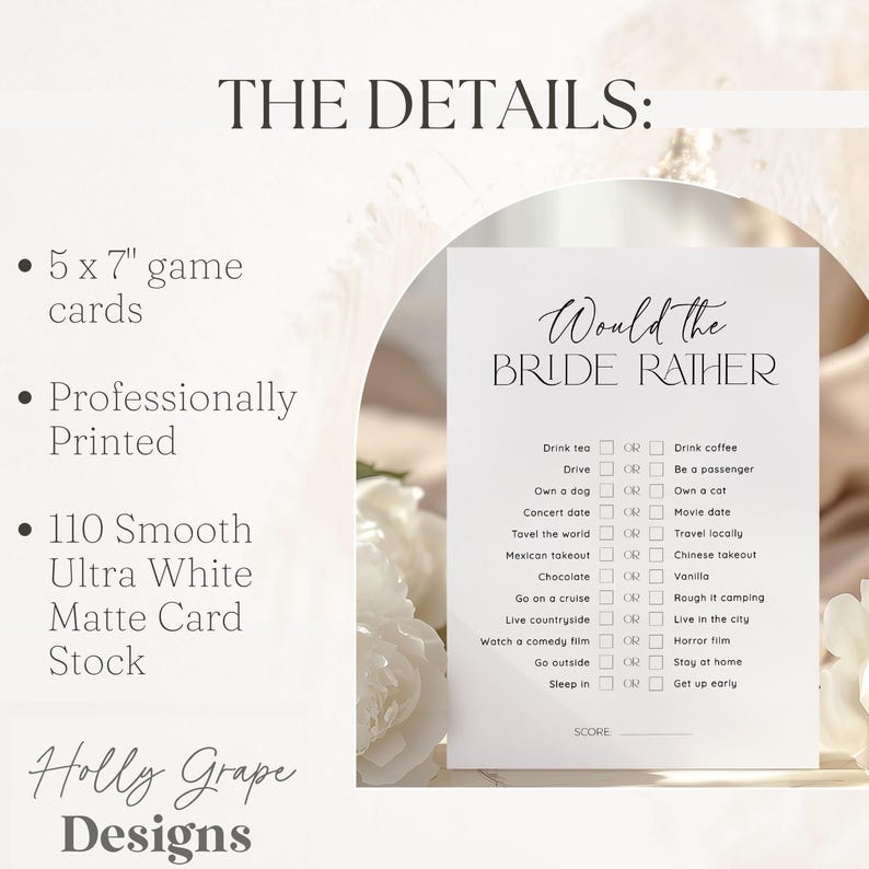 May include: A white card with the text "Would the Bride Rather" in black. The card features a list of 10 questions with two choices each, such as "Drink tea or Drink coffee" and "Own a dog or Own a cat".