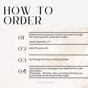 Puede incluir: Gr&aacute;fico color crema con el texto "HOW TO ORDER" en la parte superior. Debajo, los pasos numerados explican el proceso de pedido, incluida la selecci&oacute;n de la cantidad, la adici&oacute;n al carrito y la finalizaci&oacute;n del proceso de Etsy. El logotipo de Holly Grape Designs est&aacute; en la parte inferior.