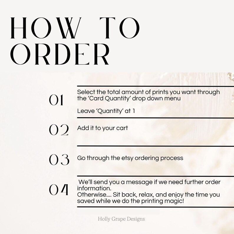 Puede incluir: Gr&aacute;fico color crema con el texto "HOW TO ORDER" en la parte superior. Debajo, los pasos numerados explican el proceso de pedido, incluida la selecci&oacute;n de la cantidad, la adici&oacute;n al carrito y la finalizaci&oacute;n del proceso de Etsy. El logotipo de Holly Grape Designs est&aacute; en la parte inferior.