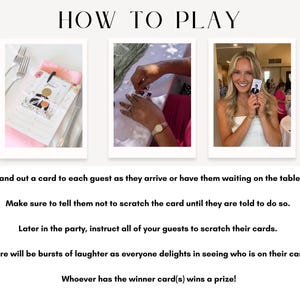 How to play Who has the groom bridal shower scratch off game. Guests receive groom scratch off cards, scratch during the party to reveal faces, and the winner card reveals the groom. Funny bridal shower games like Who has the groom create laughter and prizes for party guests.