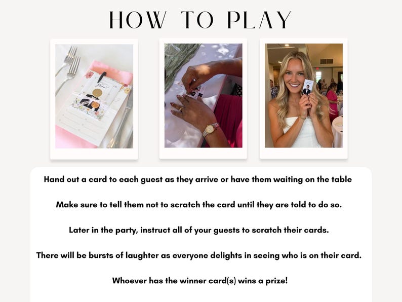How to play Who has the groom bridal shower scratch off game. Guests receive groom scratch off cards, scratch during the party to reveal faces, and the winner card reveals the groom. Funny bridal shower games like Who has the groom create laughter and prizes for party guests.