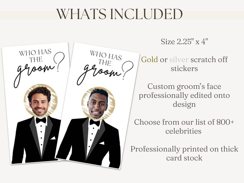 Details graphic for Who has the groom scratch off game bridal shower game.  What's included: Size 2.25x4", Custom groom's face professionally edited onto the design, choose from a list of 800+ celebrities, professionally printed on thick card stock.  
This is a great game for wedding shower, bridal showers and wedding event.