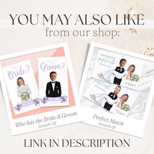 A detailed graphic showing other products customers may like from Holly Grape Designs.  Featuring a Who has the bride and groom and Perfect match scratch off game set.  The link to these products are in the product description.