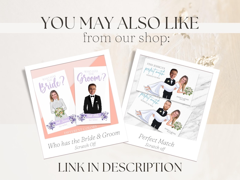 A detailed graphic showing other products customers may like from Holly Grape Designs.  Featuring a Who has the bride and groom and Perfect match scratch off game set.  The link to these products are in the product description.
