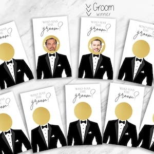 A set of “Who Has the Groom?” bridal shower scratch-off cards displayed on a marble background, featuring tuxedo illustrations with gold scratch circles and a few celebrity face winner cards. A fun printed bridal shower game where guests scratch to find the groom. Perfect for bridal shower games, wedding shower activities, bachelorette parties, and unique scratch-off party games.