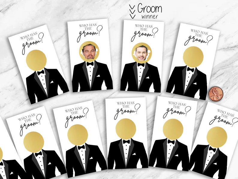 A set of “Who Has the Groom?” bridal shower scratch-off cards displayed on a marble background, featuring tuxedo illustrations with gold scratch circles and a few celebrity face winner cards. A fun printed bridal shower game where guests scratch to find the groom. Perfect for bridal shower games, wedding shower activities, bachelorette parties, and unique scratch-off party games.